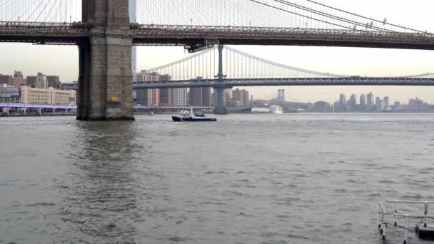 Barco Policial Sob Brooklyn Bridge Nypd Barco East River Nova — Vídeo de Stock