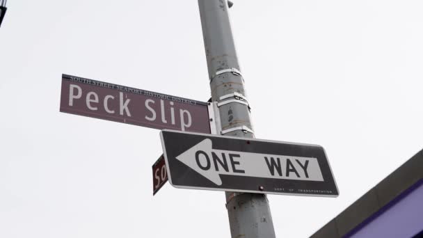 Peck Street Assinar Com Sentido Único Nova York Manhattan Nos — Vídeo de Stock