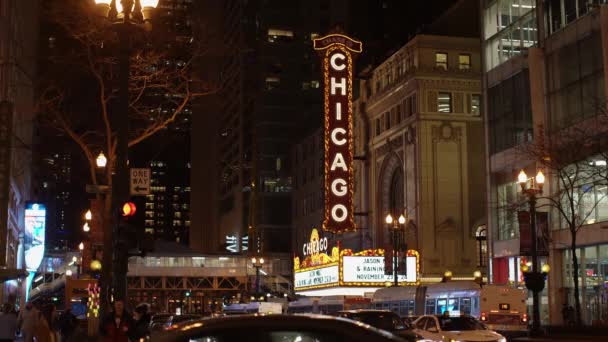 Чикаго Иллинойс Сша Ноября 2019 Чикагский Театр Ночью Ориентир Городе — стоковое видео