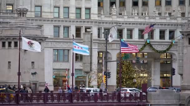 Чикаго Иллинойс Сша Ноября 2019 Люди Пересекающие Мост Чикаго Флаг — стоковое видео
