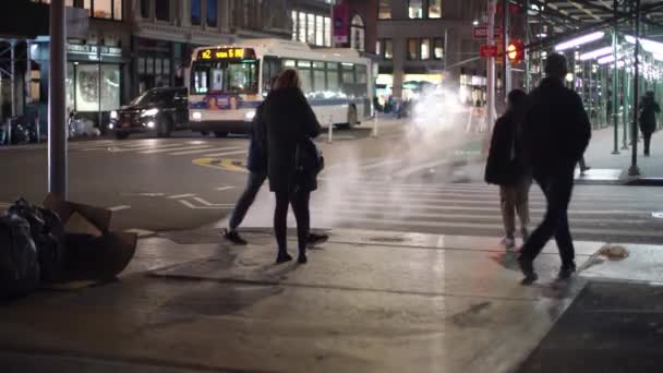 Manhattan New York Usa November 2019 Voetgangersoversteek Nachts Nyc Verkeerslichten — Stockvideo