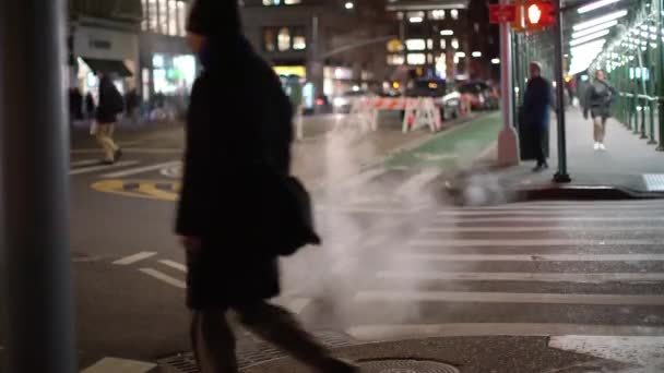 マンハッタン ニューヨーク アメリカ 11月14日 2019 ニューヨークの夜に歩行者の交差点 信号機 道路を走行するバス タクシー — ストック動画