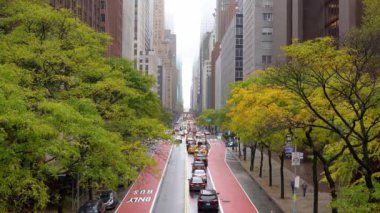 Manhattan, New York, ABD - 27 Ekim. 2019: New York 'ta 42. Cadde, Trafik Yolunda Güzel Ağaçlar ve Arkaplanda Chrysler Binası ile çevrili
