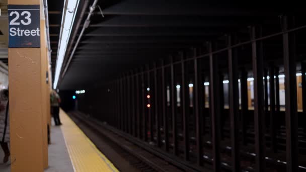 11月16日 美国纽约曼哈顿 2019年 23街地铁站地下地铁站 纽约地铁站台 等候进入站台的列车 — 图库视频影像
