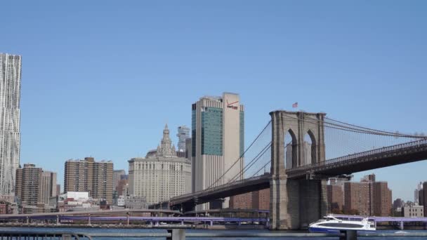 マンハッタン ニューヨーク アメリカ 10月26日 2019 マンハッタンの晴れた日に背景にベライゾンビルとブルックリン橋とイースト川 — ストック動画