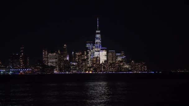 Hoboken New Jersey Usa Novembre 2019 Downtown Manhattan Notte Grattacielo — Video Stock