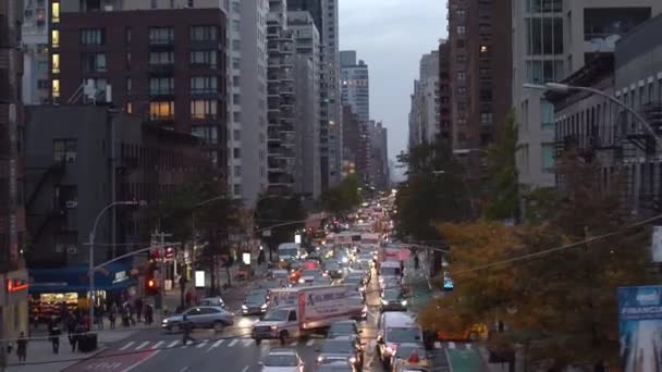 マンハッタン ニューヨーク 11月7日 2019 東川の小さな島への道にルーズベルト島ケーブルカーからの眺め ニューヨークの1番街での交通 ラッシュアワーの空中ビュー — ストック動画