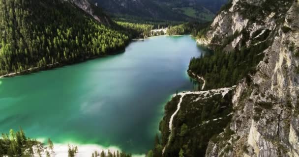 Aerial Pragser Wildsee Popular Tourist Destination South Tirol Aerial Landscape — Stock Video