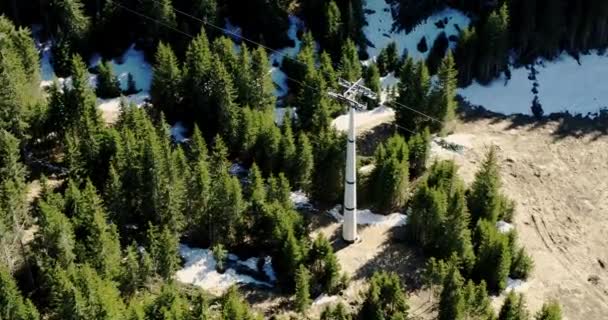 Luchtfoto Boven Bos Kabelbaan Het Voorjaar Groene Bomen Bossen Alpen — Stockvideo