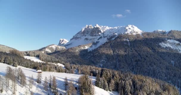 Luchtlandschap Van Besneeuwde Bergen Alpen Bossen Bergen Tijdens Koude Winter — Stockvideo