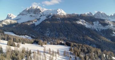 Güney Tyrol, İtalya 'daki güzel doğa manzarası. Alplerdeki ormanların ve dağların havadan görünüşü. Macera ya da rahatlama, doğada enerji yüklenmesi..