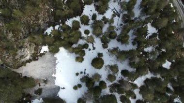 Kışın karla kaplı ve nehirden geçen ormanın en üst hava manzarası.