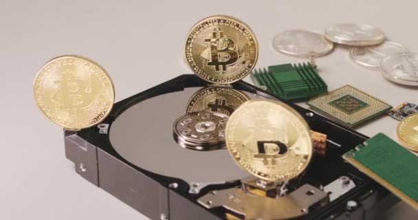 Bitcoin Coins Top Hdd Platter Disc Storage Crypto Data Information — Stock Video