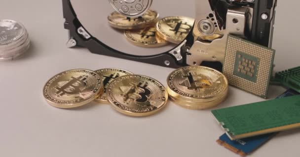 Gouden Bitcoin Munten Met Reflectie Harde Schijf Schijf Het Opslaan — Stockvideo