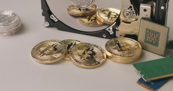 Bitcoin Harde Schijf Moderne Cryptocurrency Technologie Het Financiële Systeem Veranderen — Stockvideo