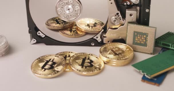 Almacenamiento Datos Crypto Concepto Disco Duro Bitcoin Monedas Lado Hdd — Vídeos de Stock
