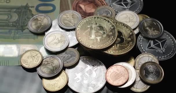 Bitcoin Brillant Pièces Euros Sur Fond Sombre Trading Investissement Dans — Video