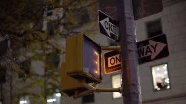 Yayalara ait trafik ışığı geri sayımı. Geceleri New York trafik ışıkları. Tek yönlü tabela. Yürüme trafik ışıklarında yürüme