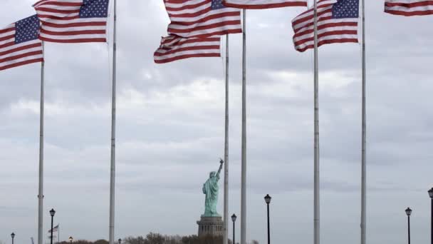 Drapeaux Des États Unis Flottant Dans Vent Statue Liberté Arrière — Video