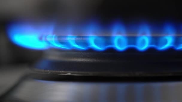 ガス火災 大規模な青い炎の小さな炎の回転燃焼を発射 天然ガスエネルギーで調理する — ストック動画