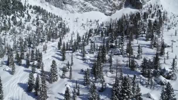 Luchtfoto Dolomieten Passo Sella Stijgend Uitzicht Het Winterlandschap Italiaanse Alpen — Stockvideo