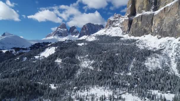Paisagem Aérea Das Dolomitas Itália Sassolungo Dolomitas Inverno Vista Épica — Vídeo de Stock