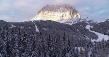 Alplerdeki havadan vahşi doğa manzarası. Val Gardena 'daki Sassolungo Dağı. Ağaç tepesinden yükselen güzel orman ve dağ. Ormanın üzerinde uçuyor
