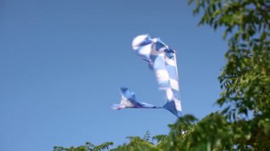 Güçlü rüzgârda dalgalanan Yunan Bayrağı. Parçalanmış Yunanistan Bayrağı