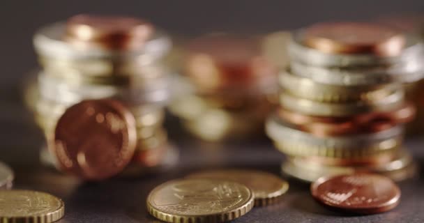 将1枚1欧元硬币公布于众 并将不同的硬币从欧洲货币联盟兑换成1欧元 — 图库视频影像