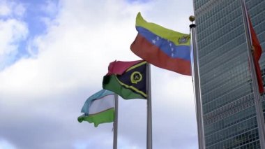 Venezuela, Vanuatu ve Özbekistan bayrağı New York 'taki Birleşmiş Milletler' de rüzgarda dalgalanıyor. Yavaş çekim bayrakları dalgalanıyor