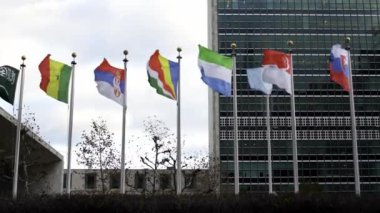Birleşmiş Milletler önünde bayraklar. Rüzgarda dalgalanan ağır çekim bayrakları. New York 'taki Birleşmiş Milletler Binası