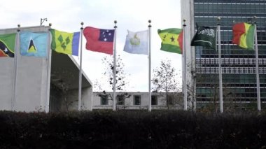 Rüzgarda dalgalanan küçük ülke bayrakları, dalgalanan ağır çekim bayrakları. Samoa ve Kıbrıs Rum Kesimi Bayrakları rüzgarda yavaşça dalgalanıyor