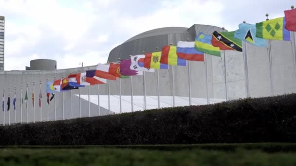 Drapeaux Flottant Dans Vent Drapeaux Ralenti Devant Les Nations Unies — Video