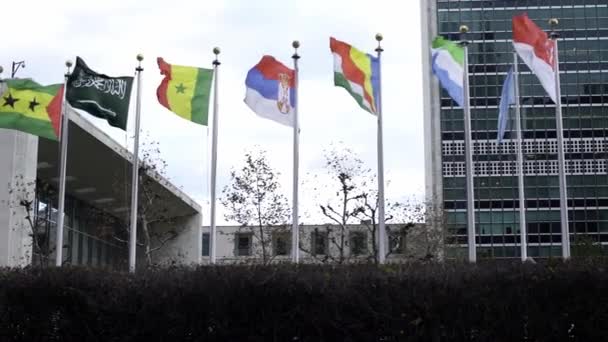 慢动作的旗帜在风中飘扬 旗帜飘扬 国际社会在纽约市的联合国 — 图库视频影像
