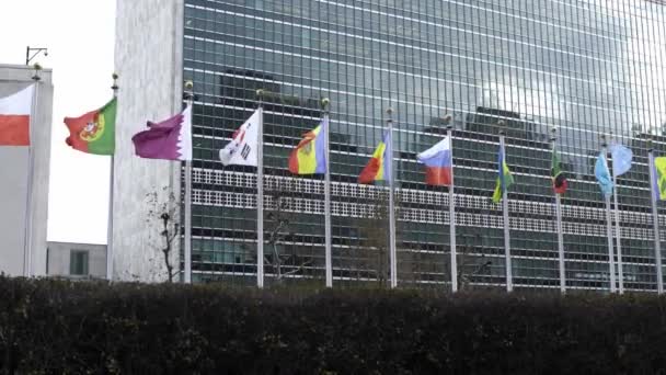 Corée Sud Roumanie Drapeau Russe Ralenti Dans Vent Siège Des — Video