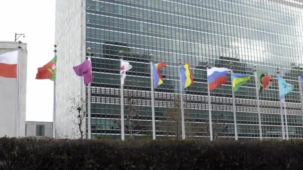 卡塔尔和俄罗斯国旗在风中缓慢飘扬 联合国总部大楼 国际社会与安全 — 图库视频影像