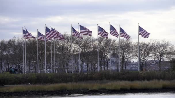 Flag Plaza New Jersey Usa Flaggor Som Seglar Vinden Amerikas — Stockvideo