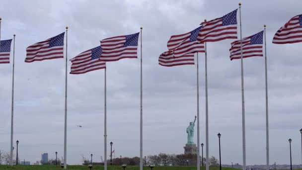Estátua Liberdade Com Bandeiras Dos Estados Unidos América Vento Bandeiras — Vídeo de Stock