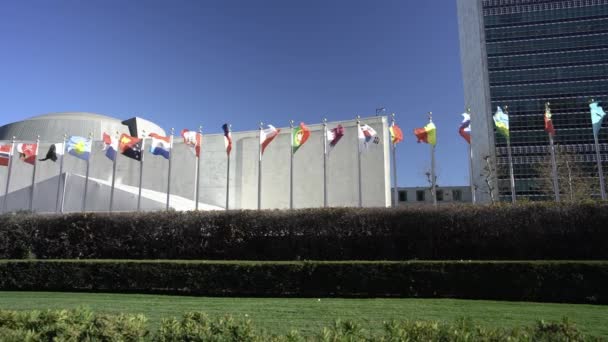 Banderas Ondeando Sede Las Naciones Unidas Ciudad Nueva York Banderas — Vídeos de Stock