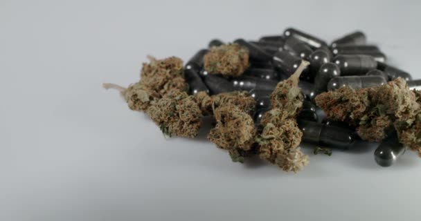 Drogas Legais Ilegais Medicina Cannabis Buds Cima Comprimidos — Vídeo de Stock