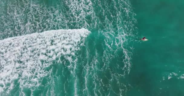 Top View Waves Breaking Surfer Surfing Waves Aerial View Ocean — Stock Video