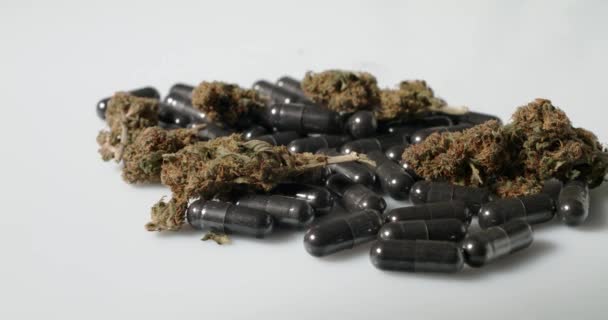 Comprimidos Botões Cannabis Fundo Branco Isolados Erva Daninha Como Medicamento — Vídeo de Stock