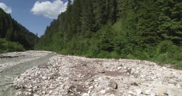Víz Folyik Folyóban Kis Folyó Felett Repül Alpokban Folyómeder Körüli — Stock videók