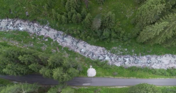 Alplerdeki Orman Nehir Yol Aşağı Manzarası Hava Manzarası Görünümü — Stok video