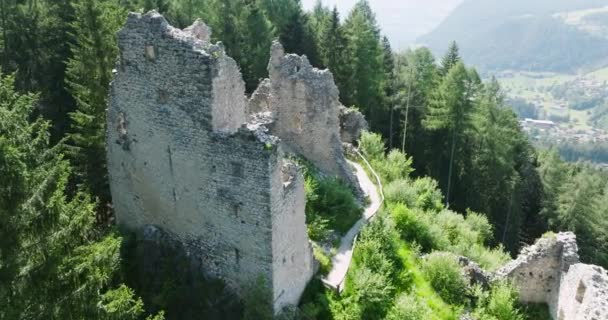 Vieux Château Ruines Vue Aérienne Ruines Bâtiment Historique Milieu Forêt — Video