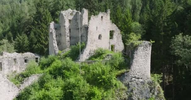 南チロルの森の古い城の遺跡の空中 南チロルの観光 — ストック動画