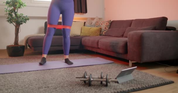 Woman Training Resistance Band Home Getting Fit Staying Healthy Young — Stock Video