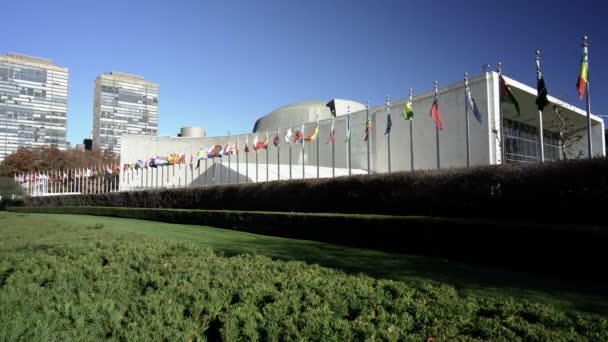 Multiple Flags Front United Nations Headquarters New York City Flags — ストック動画