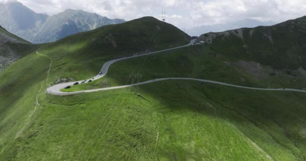 Aerial View Beautiful Winding Road Alps Passo Giovo Shadow Clouds — Stock Video