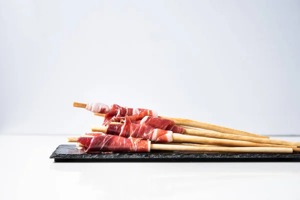 Rebanadas Jamón Ibérico Bellota Con Palitos Pan Tapa Española Para — Foto de Stock